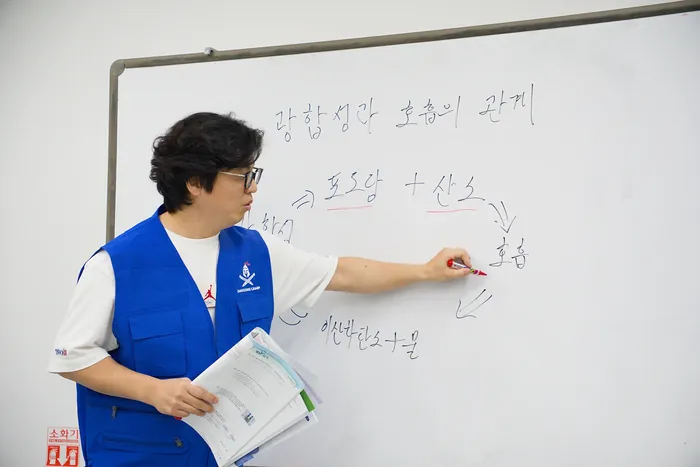 닥공 조끼를 입은 선생님이 화이트보드에 광합성과 호흡의 관계를 적으며 설명하는 모습
